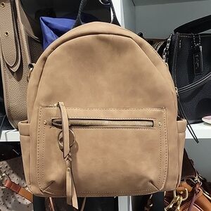 Cream Medium-Sized Backpack with Suede Material and Rounded Top